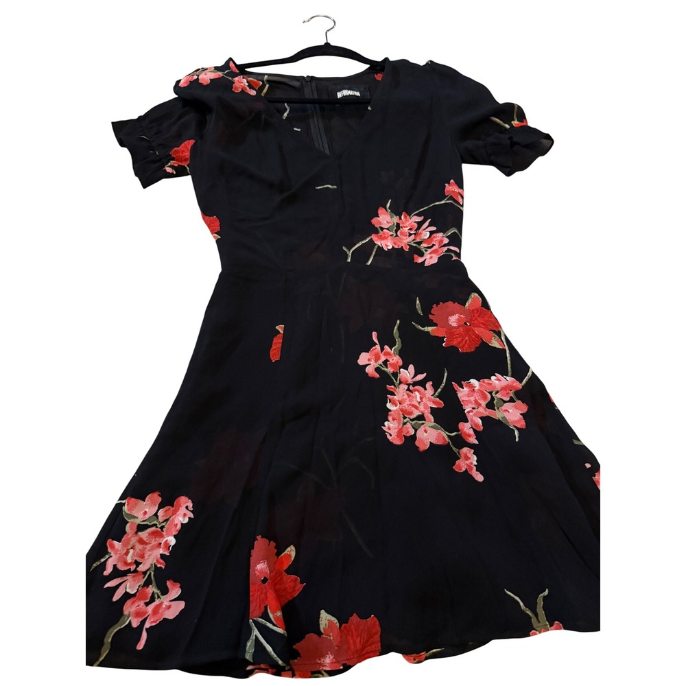 Reformation Black Floral V-Neck Ruffle Sleeve Mini Dress Size 0 Viscose Crepe